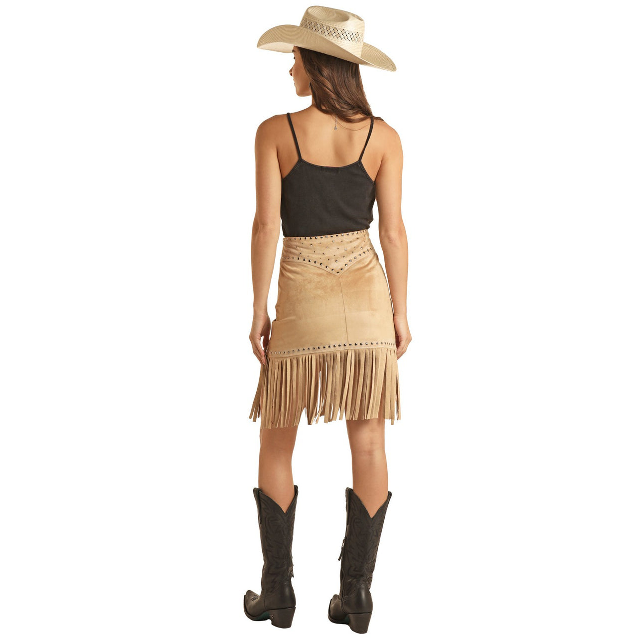 Rock & Roll Women's Studded Fringe Skirt - Camel