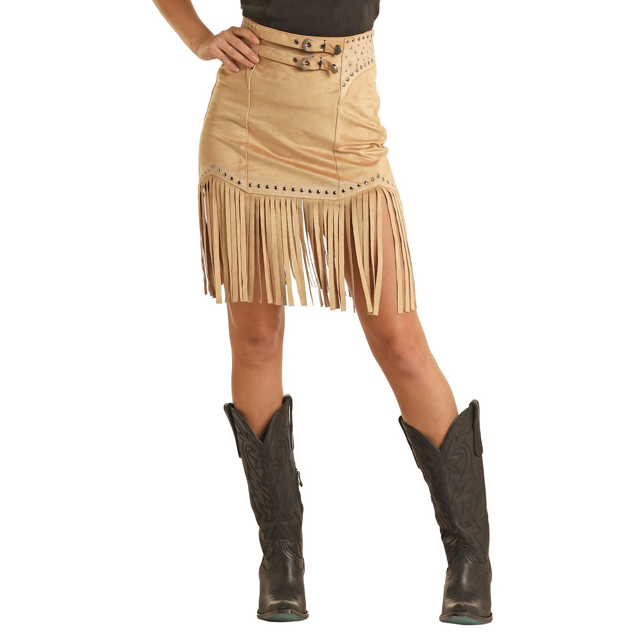 Rock & Roll Women's Studded Fringe Skirt - Camel