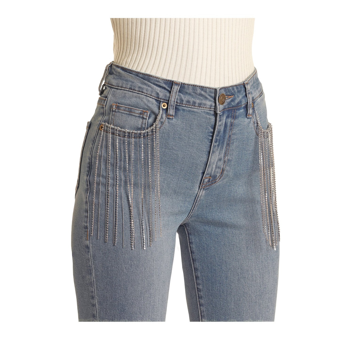 Rock & Roll Women's Pocket Fringe High Rise Flare Jeans - Light Wash