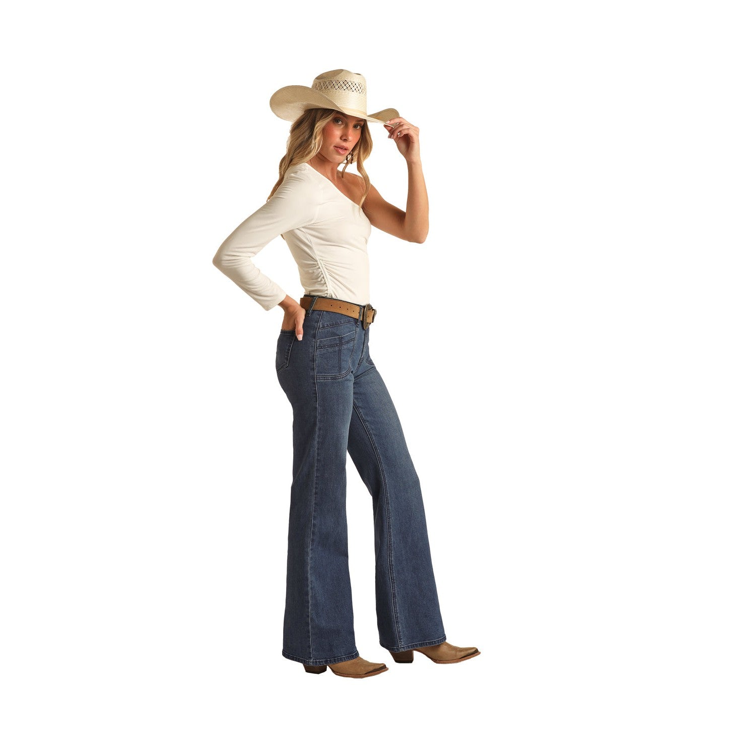 Rock & Roll Women's Pocket Detail Wide Leg Jeans - Medium Wash