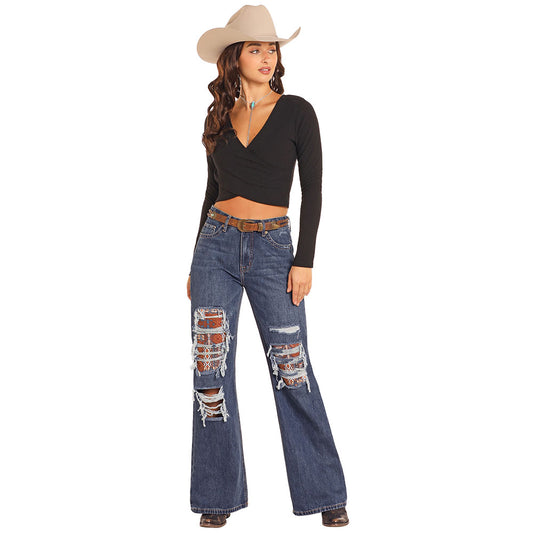 Rock & Roll Women's Patched Distressed Wide Flare Leg Jeans- Medium Wash