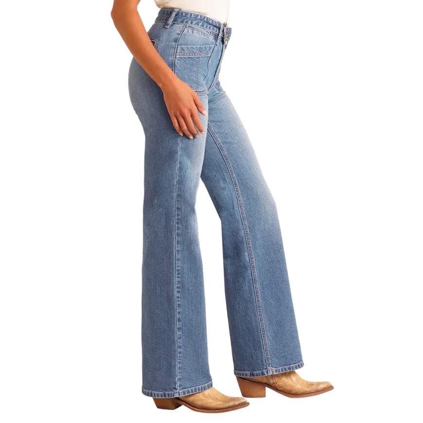 Rock & Roll Women's Relaxed Belted Flare Jean- Medium Wash