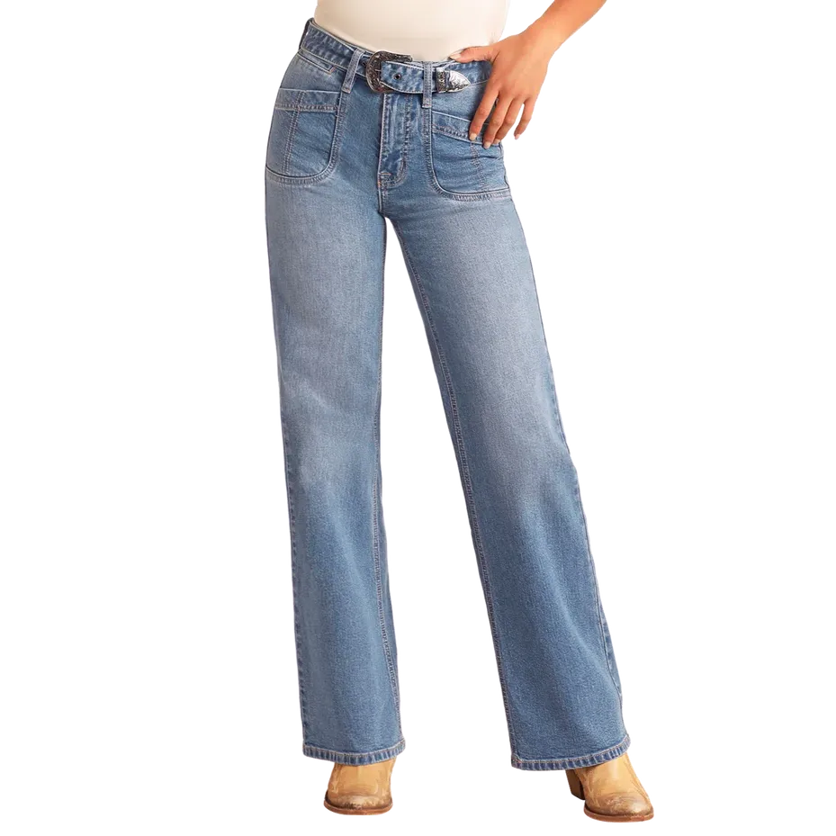 Rock & Roll Women's Relaxed Belted Flare Jean- Medium Wash