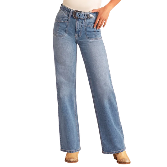 Rock & Roll Women's Relaxed Belted Flare Jean- Medium Wash