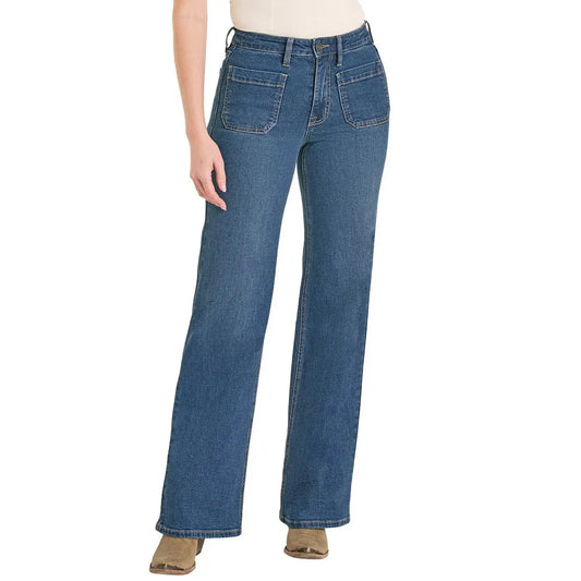 Rock & Roll Women's High Rise Patch Pocket Relaxed Wide Leg Jeans - Medium Wash