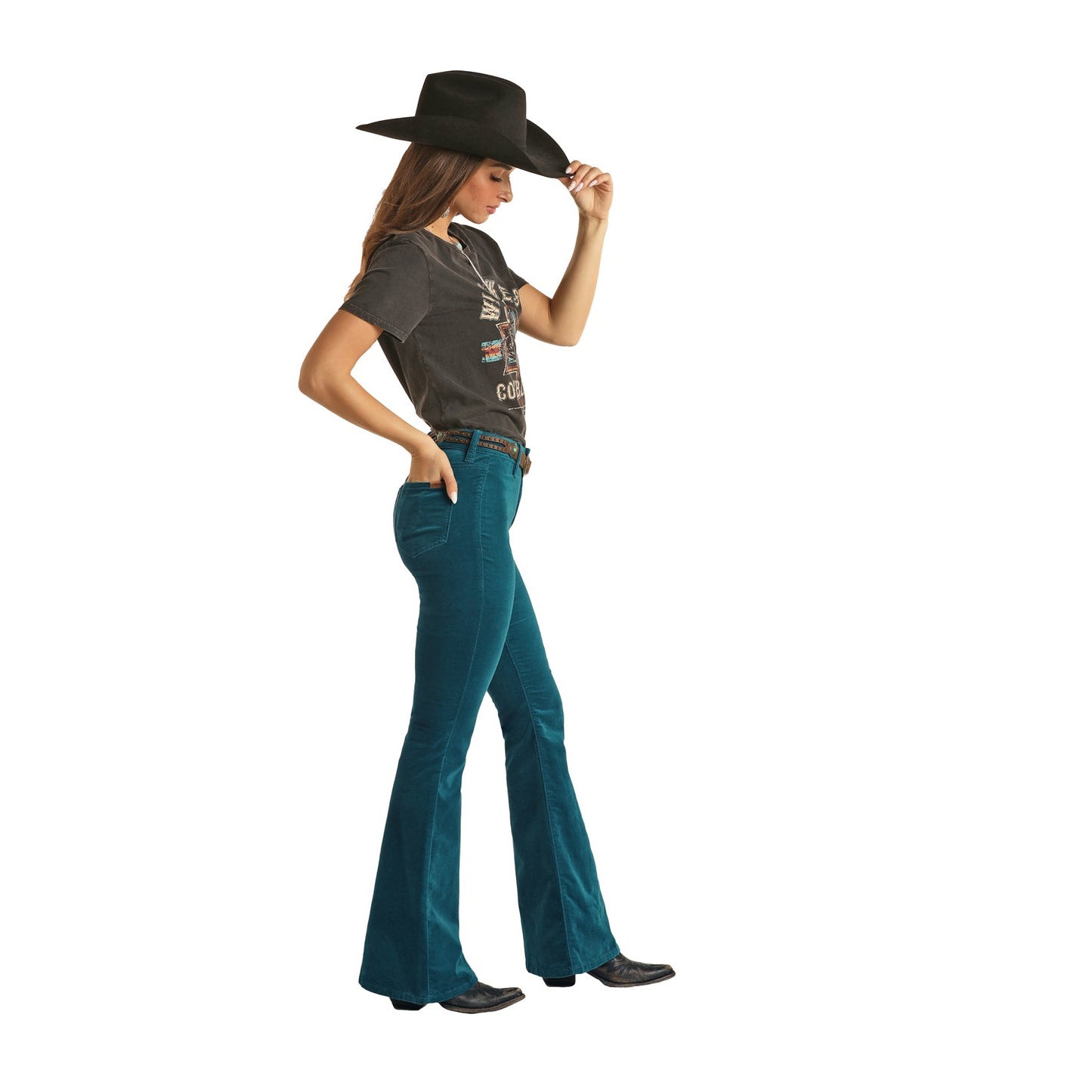 Rock & Roll Women's Corduroy Button Flare Jeans - Teal
