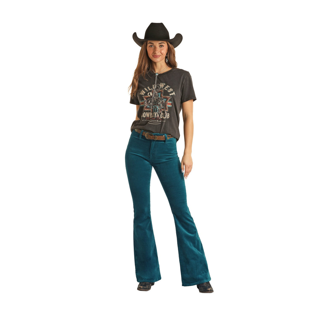 Rock & Roll Women's Corduroy Button Flare Jeans - Teal