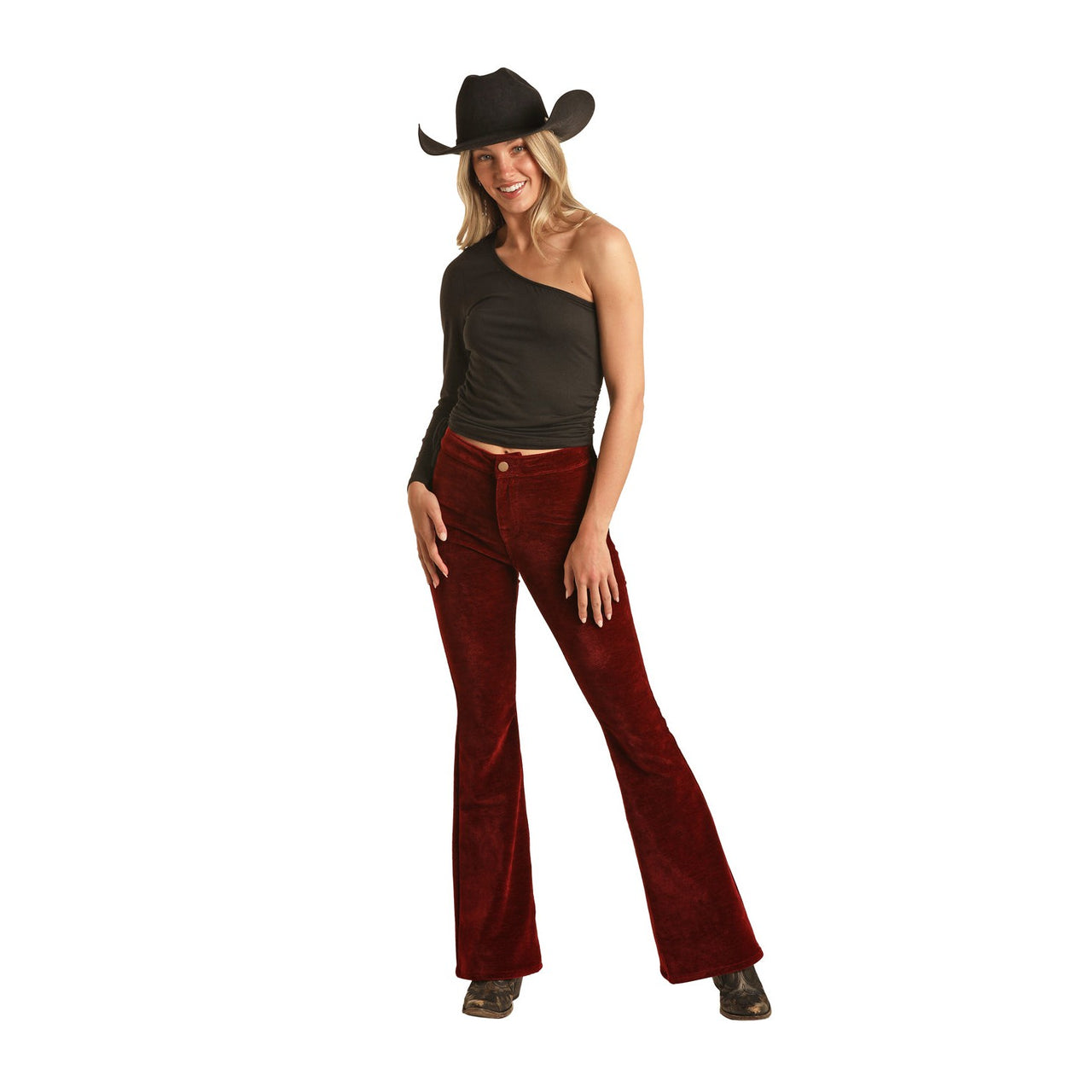 Rock & Roll Women's Corduroy Button Flare Jeans - Red