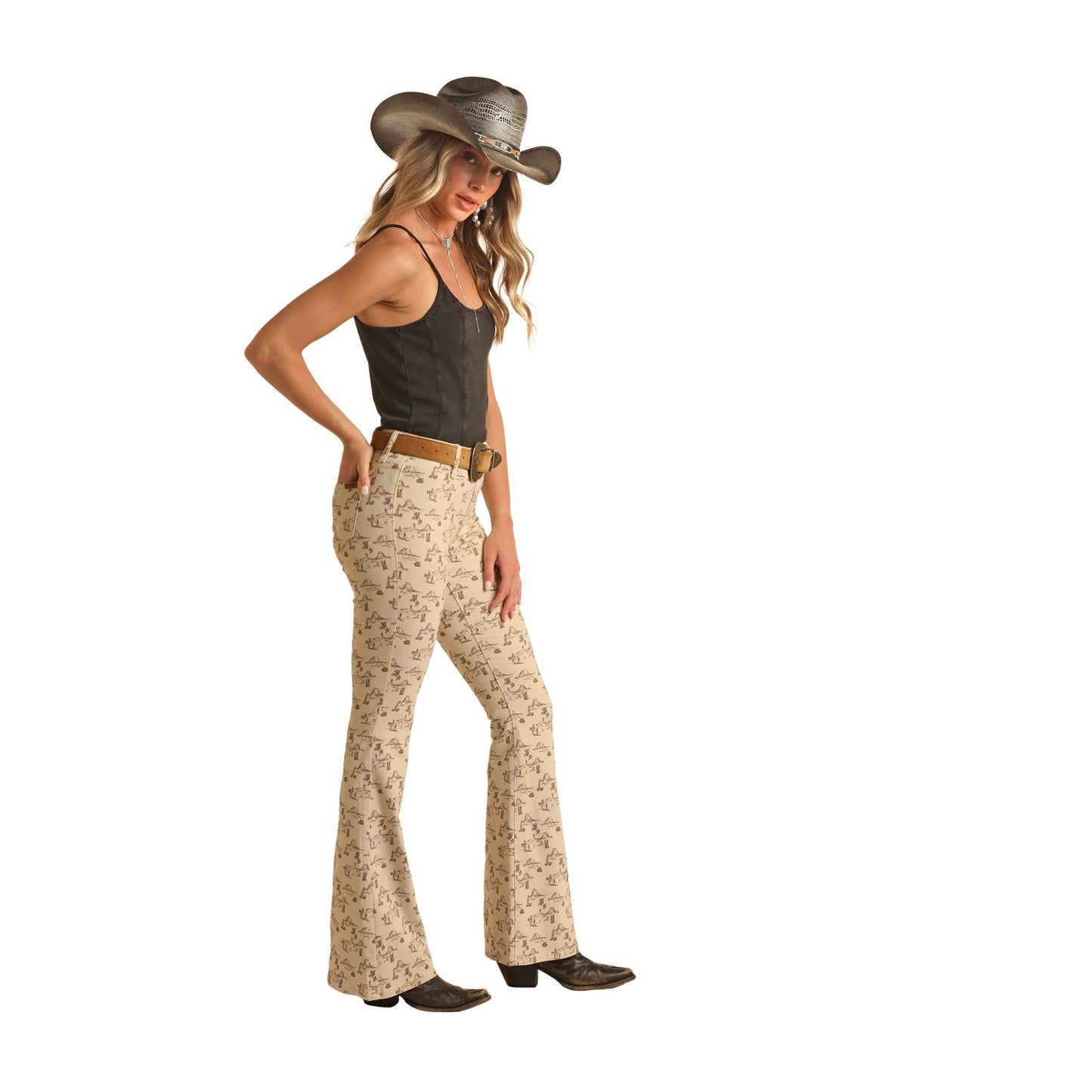 Rock & Roll Women's Desert Print Button Flare Jeans - Natural