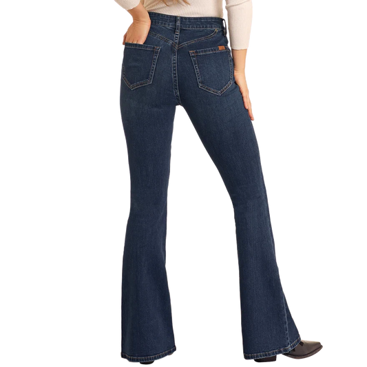 Rock & Roll Women's Scallop Detail Button Flare Jeans - Dark Wash