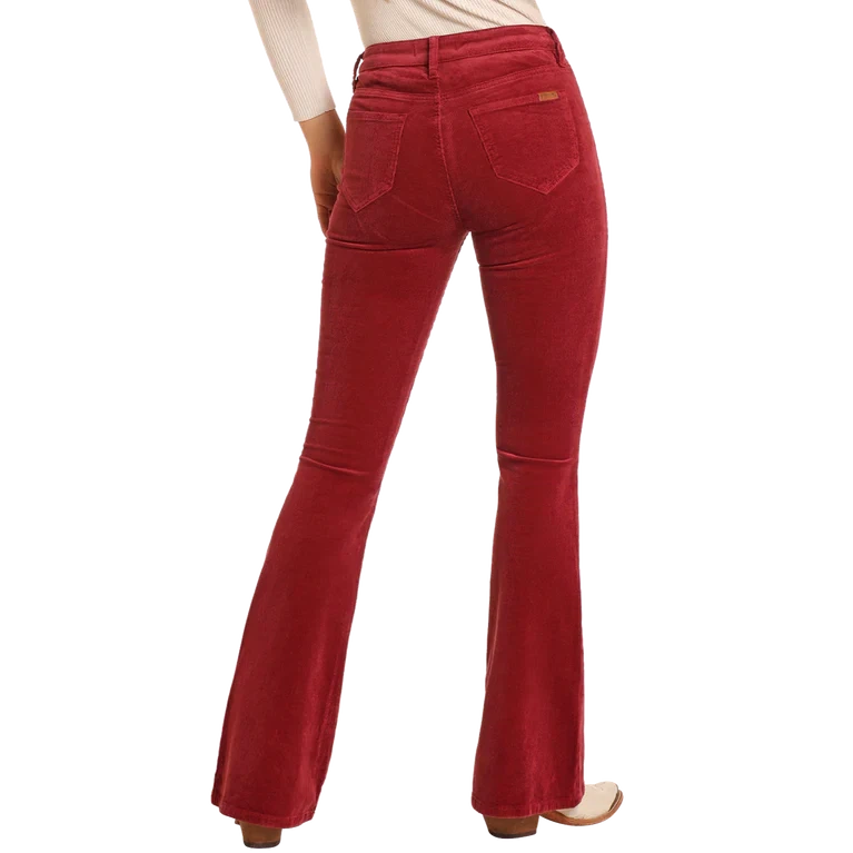 Rock & Roll Women's Maroon Corduroy Button Flare Jeans - Red