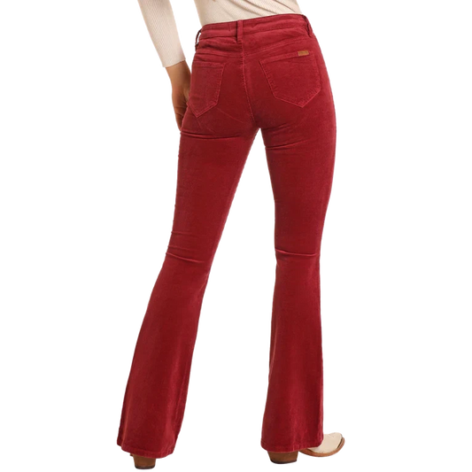 Rock & Roll Women's Maroon Corduroy Button Flare Jeans - Red