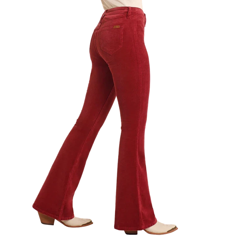 Rock & Roll Women's Maroon Corduroy Button Flare Jeans - Red