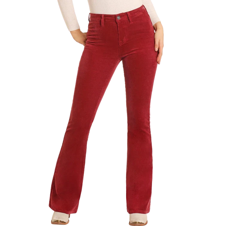 Rock & Roll Women's Maroon Corduroy Button Flare Jeans - Red