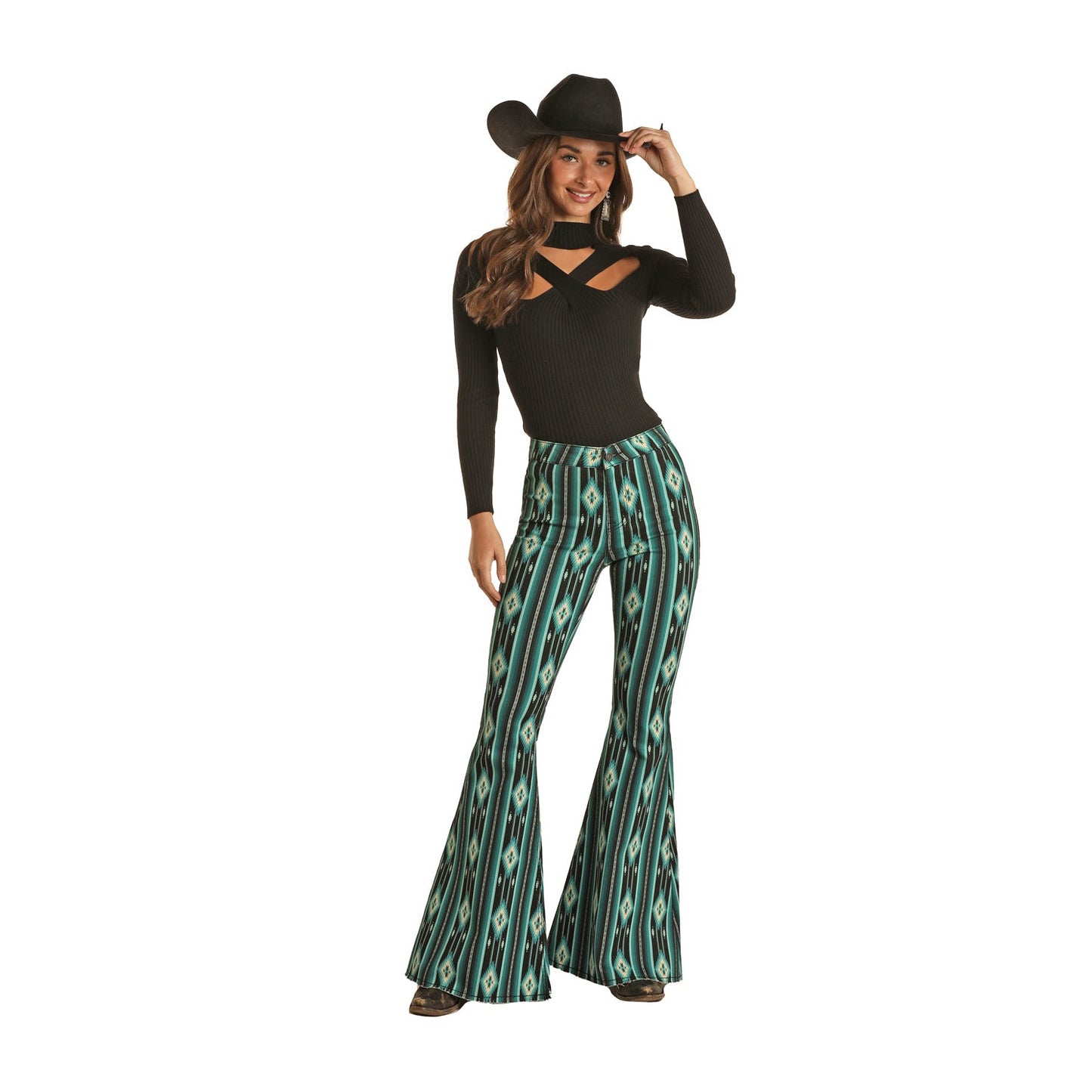 Rock & Roll Women's Teal Serape Bell Bottoms - Black