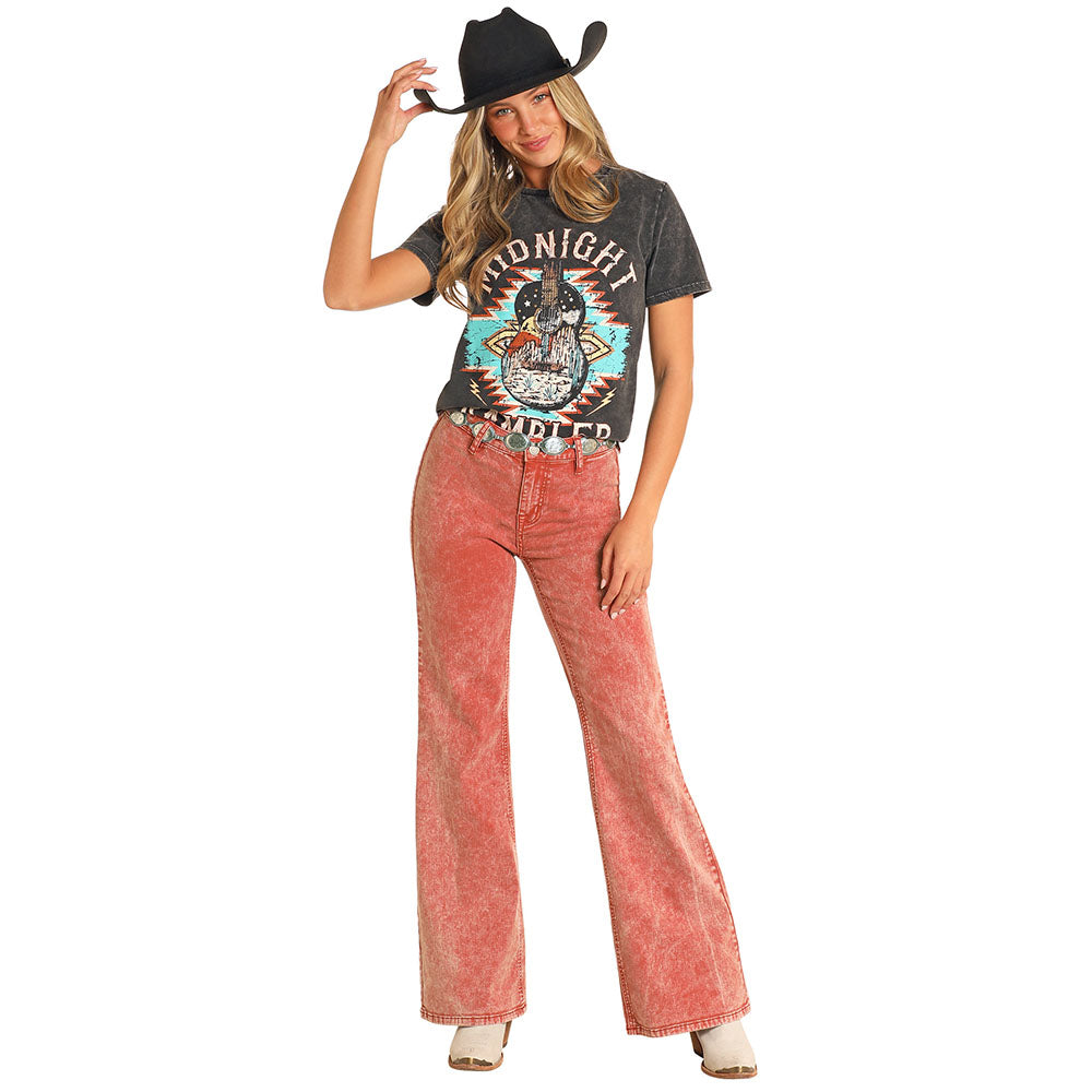 Rock & Roll Women's Button Wide Leg Jean- Rust