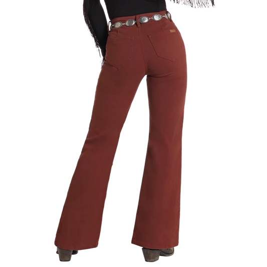 Rock & Roll Women's High Rise Wide Leg Flare Jeans - Brick Red