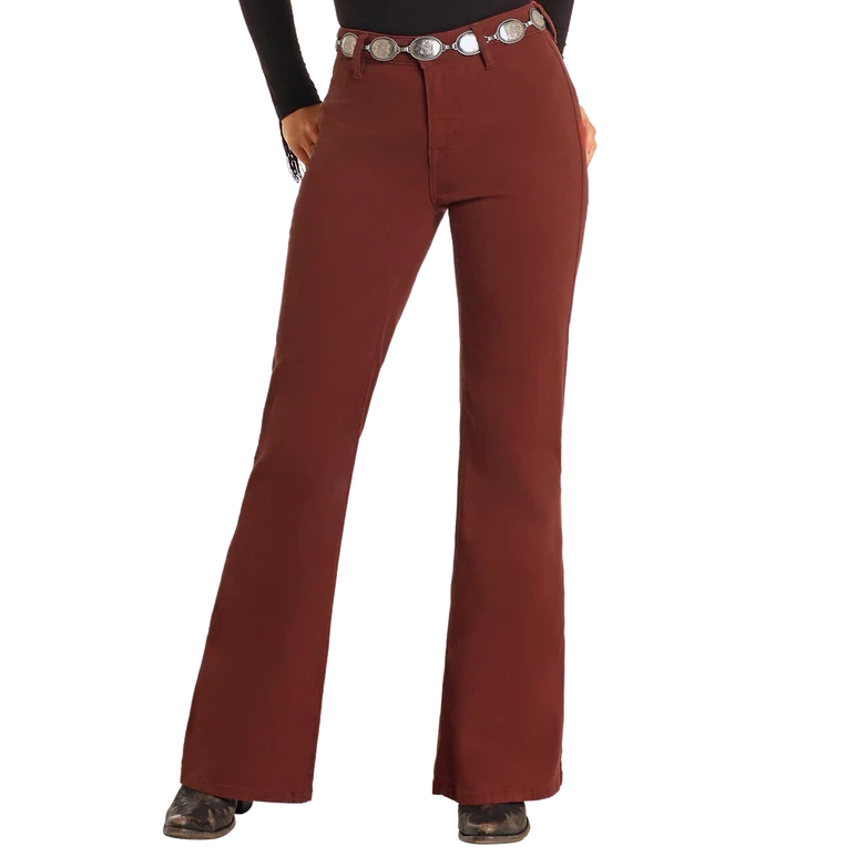 Rock & Roll Women's High Rise Wide Leg Flare Jeans - Brick Red - Irvine Tack & Western Wear