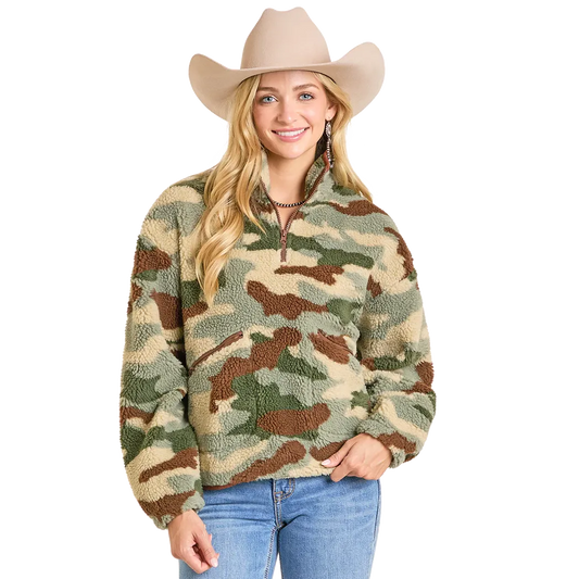 Rock & Roll Women's Camo Print Sherpa Pullover - Green