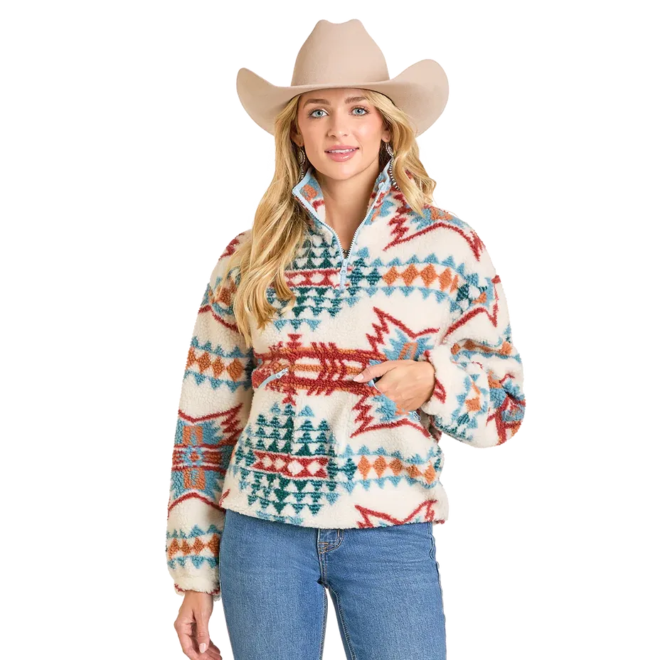 Rock & Roll Women's Aztec Sherpa 1/4 Zip Pullover - Cream