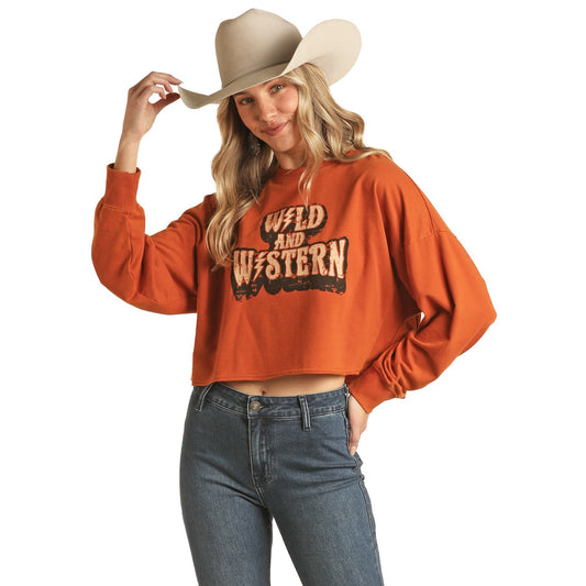 Rock & Roll Women's Cropped Graphic Pullover - Rust