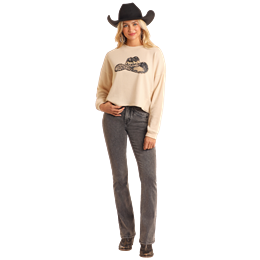 Rock & Roll Women's Long Sleeve Western Hat Graphic Pullover- Cream