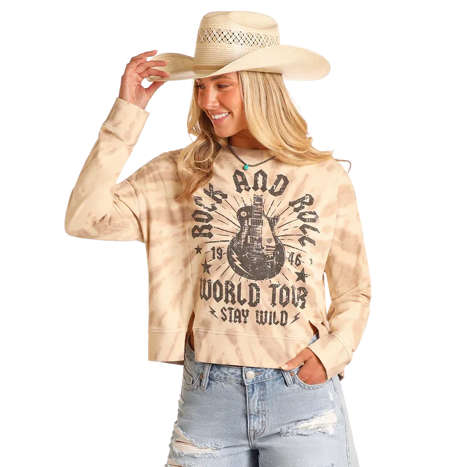 Rock & Roll Women's Long Sleeve Tie Die Pullover- Taupe