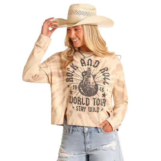 Rock & Roll Women's Long Sleeve Tie Die Pullover- Taupe