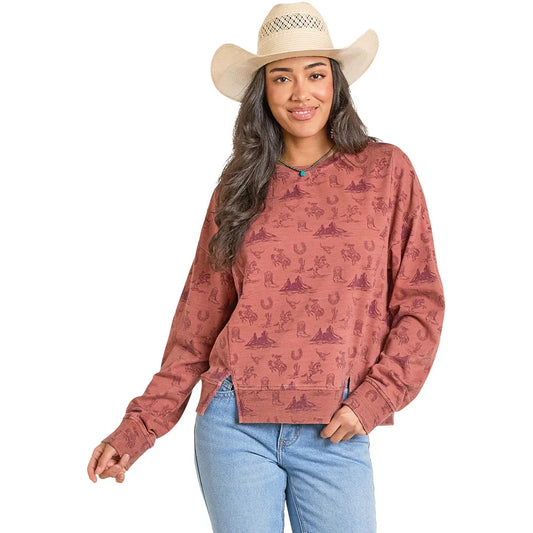 Rock & Roll Women's Conversational Western Mountain Graphic Pullover - Rust