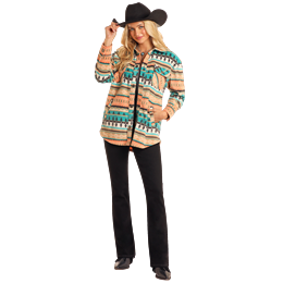 Rock & Roll Women's Aztec Fleece Shacket- Turquoise