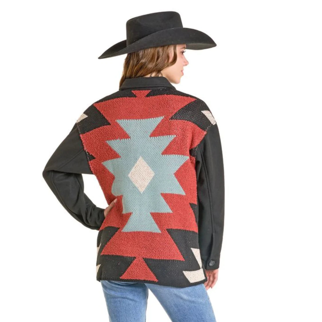 Rock & Roll Women's Aztec Knitted Western Shacket - Black