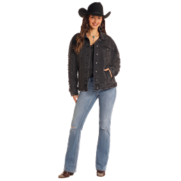 Rock & Roll Women's Long Sleeve Distressed Pearl Sleeve Jacket- Black