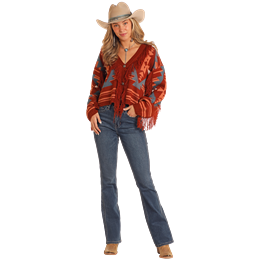 Rock & Roll Women's Long Sleeve Aztec Cardigan Sweater- Rust