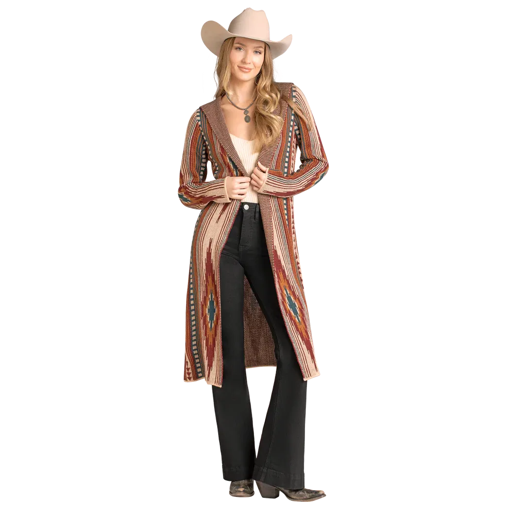 Rock & Roll Women's Aztec Sweater Cardigan Hooded Knit Duster - Brown