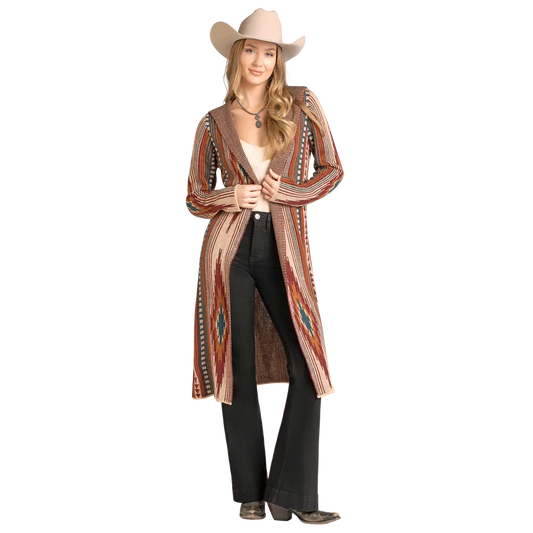 Rock & Roll Women's Aztec Sweater Cardigan Hooded Knit Duster - Brown
