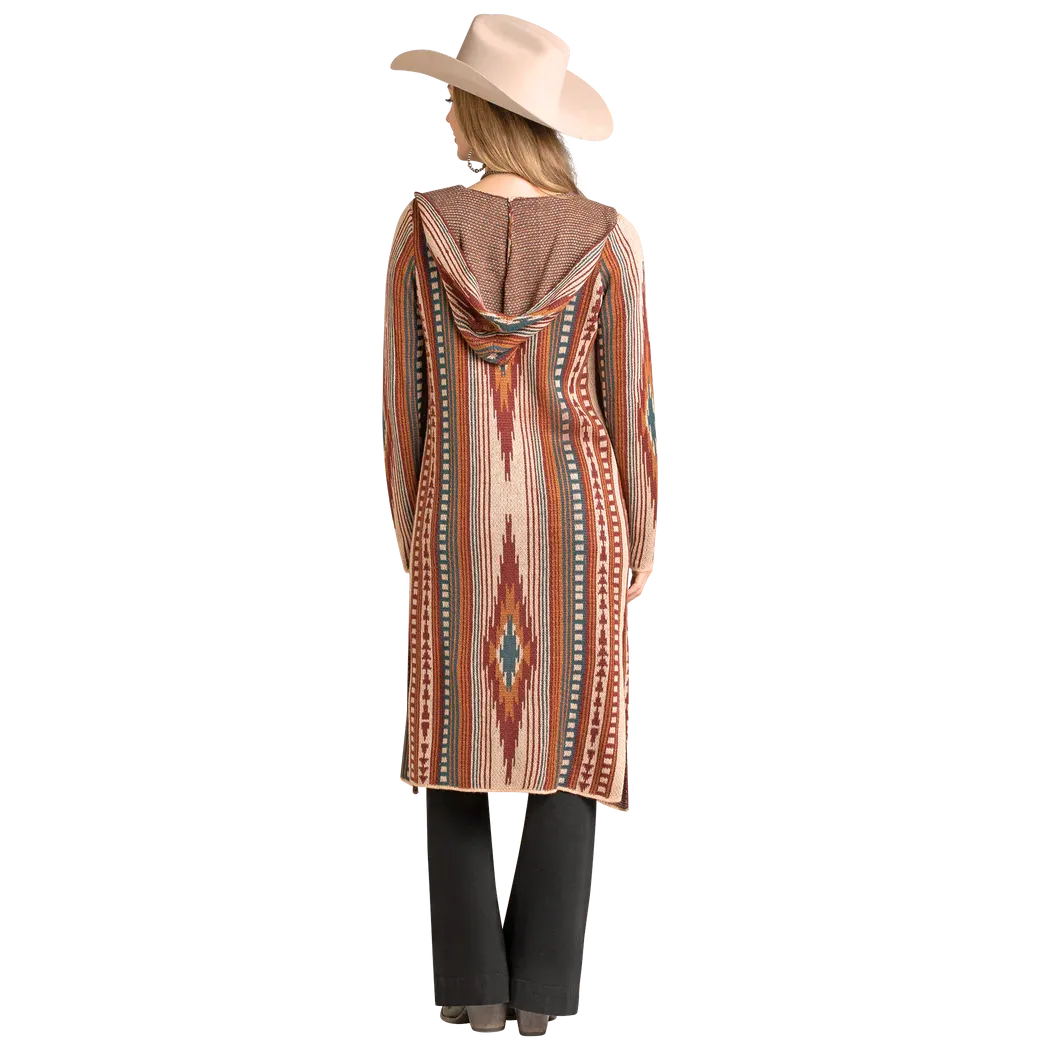 Rock & Roll Women's Aztec Sweater Cardigan Hooded Knit Duster - Brown