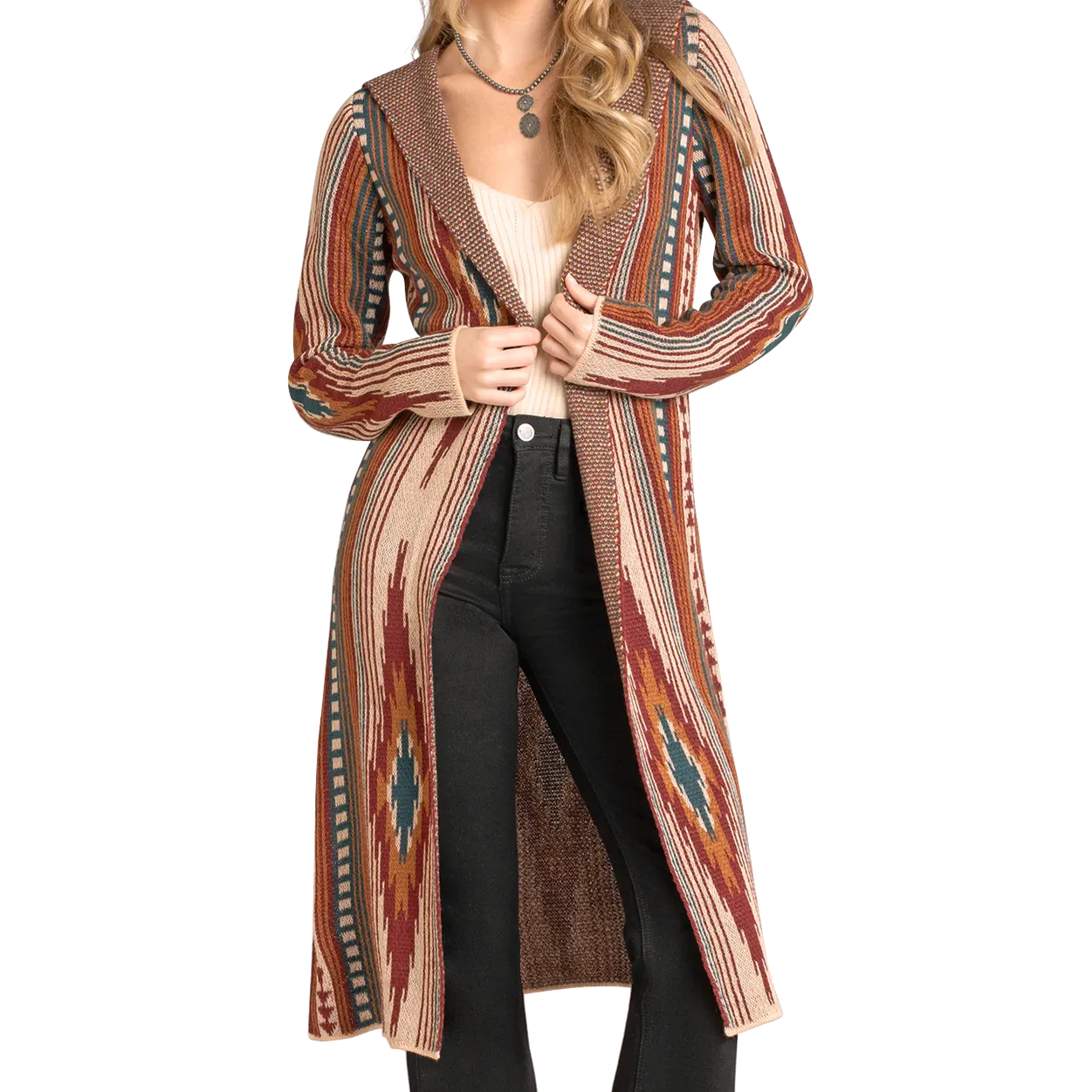 Rock & Roll Women's Aztec Sweater Cardigan Hooded Knit Duster - Brown