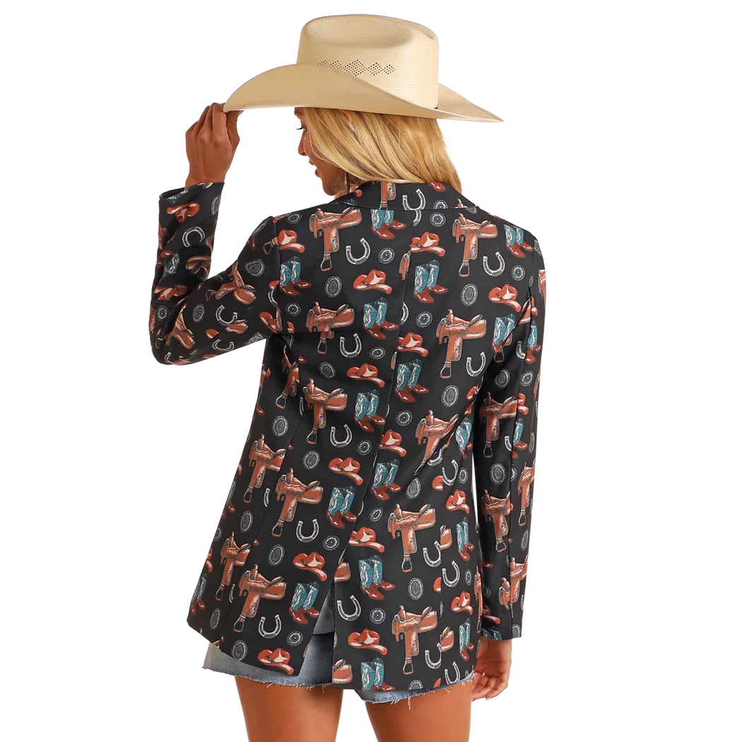 Rock & Roll Women's Long Sleeve Conversational Western Print Blazer- Black