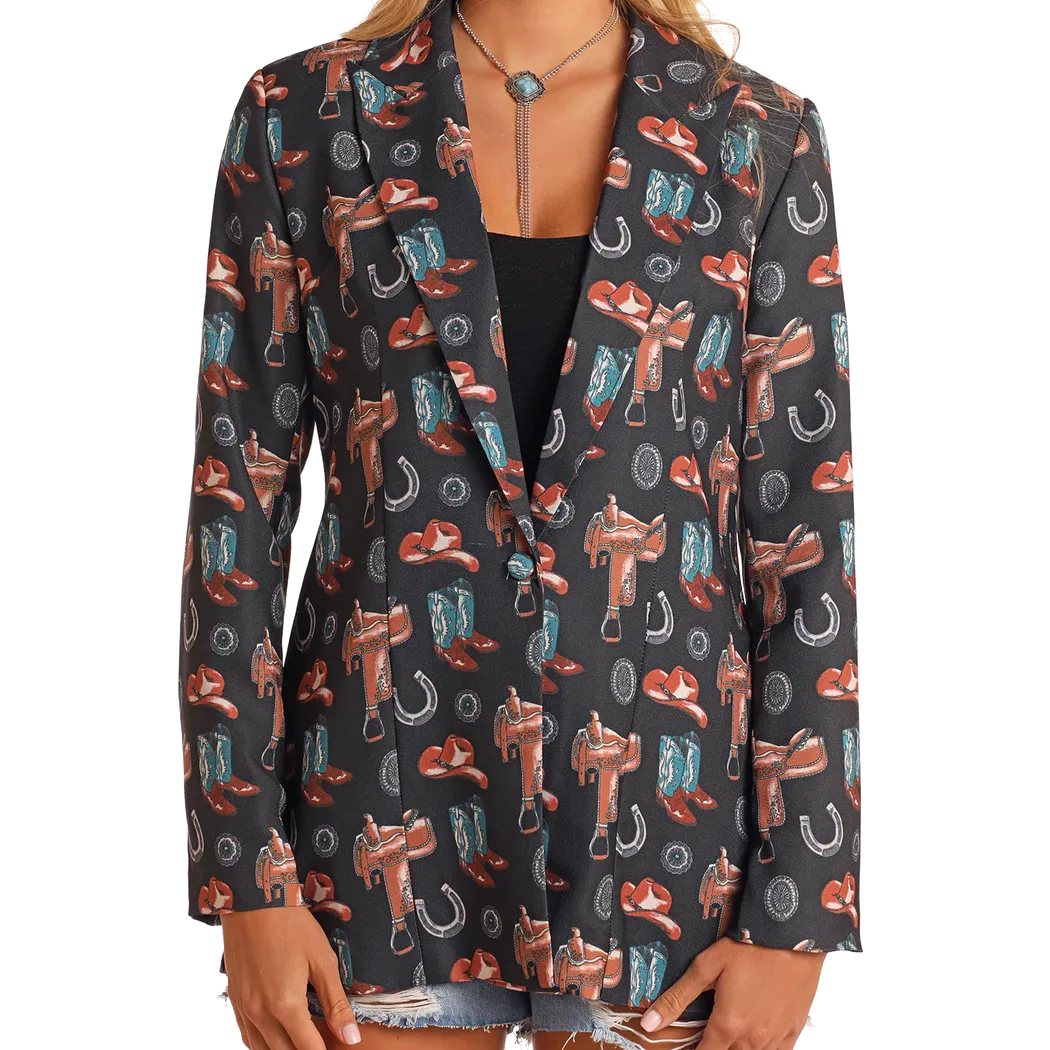 Rock & Roll Women's Long Sleeve Conversational Western Print Blazer- Black