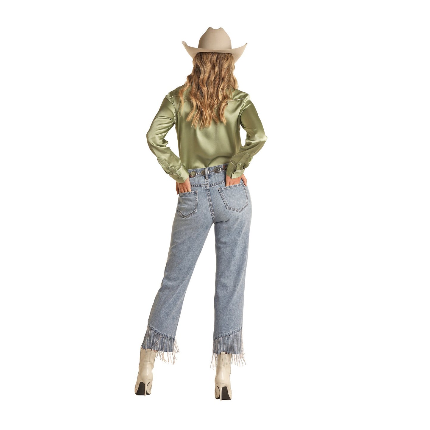 Rock & Roll Women's Chain Fringe Hem Cropped  Jeans - Light Wash