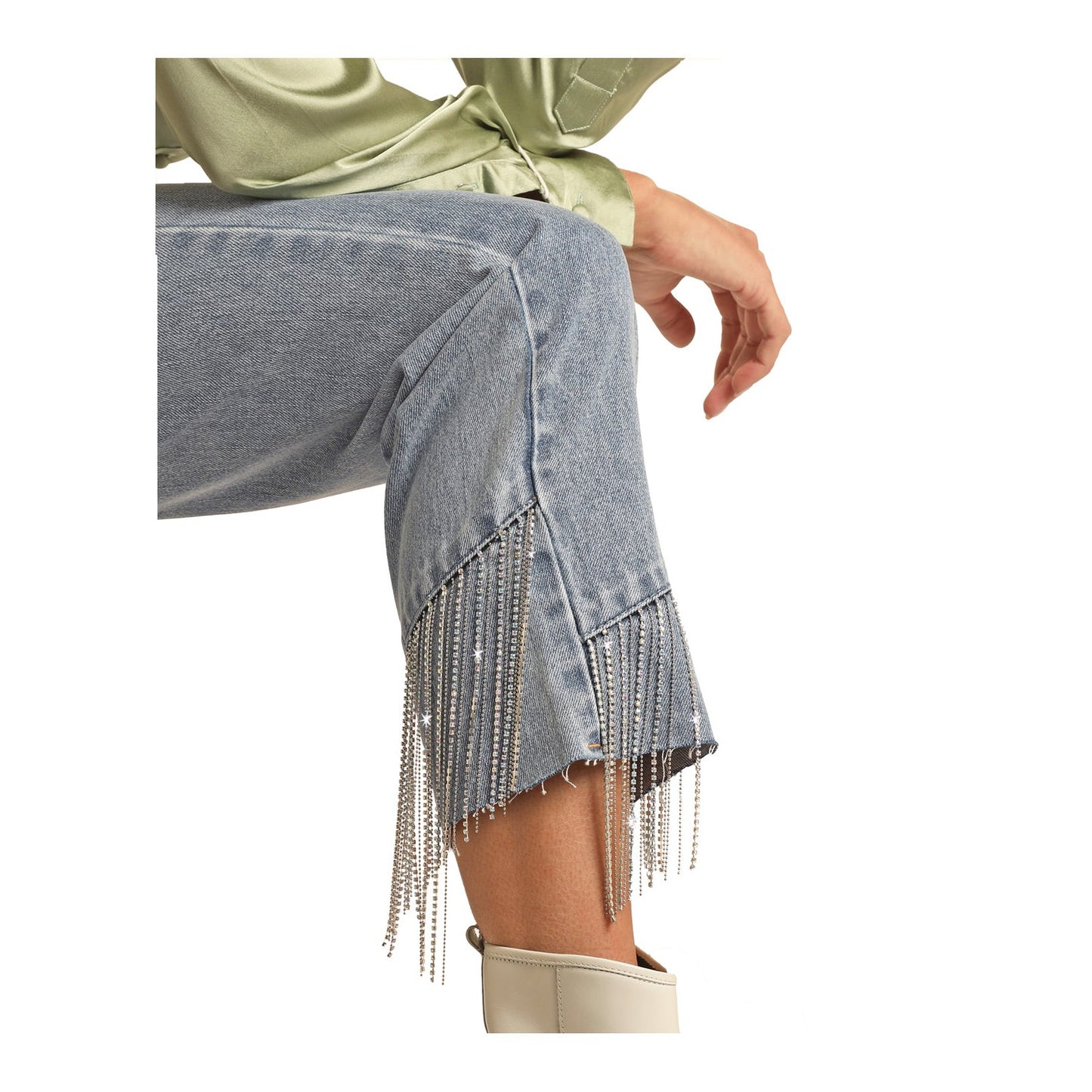Rock & Roll Women's Chain Fringe Hem Cropped  Jeans - Light Wash