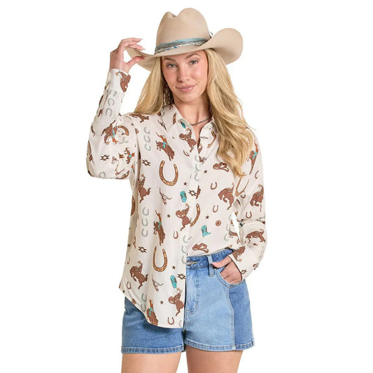 Rock & Roll Women's Conversational Long Live The West Long Sleeve Shirt - Natural