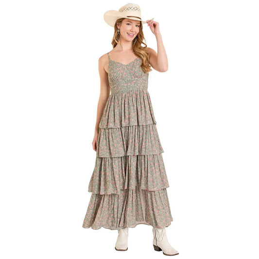 Rock & Roll Women's Tiered Floral Maxi Dress - Jade