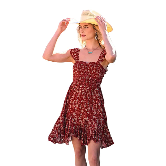 Rock & Roll Women's Godet Floral Mini Dress - Wine