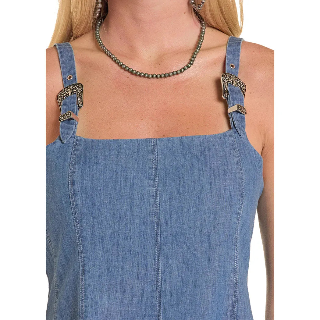 Rock & Roll Women's Buckle Flared Mini Denim Dress - Medium Wash