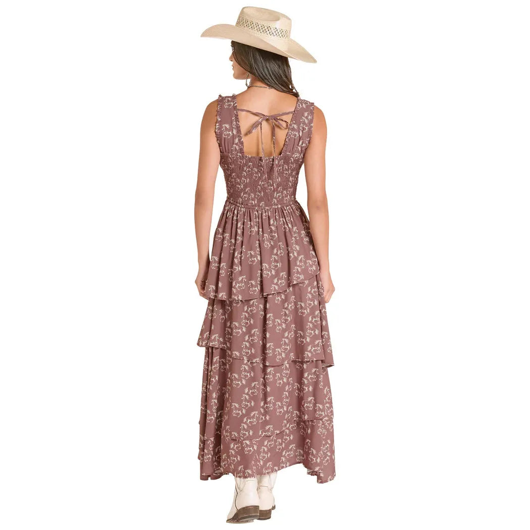 Rock & Roll Women's Horse Print Tiered Dress - Mahogany