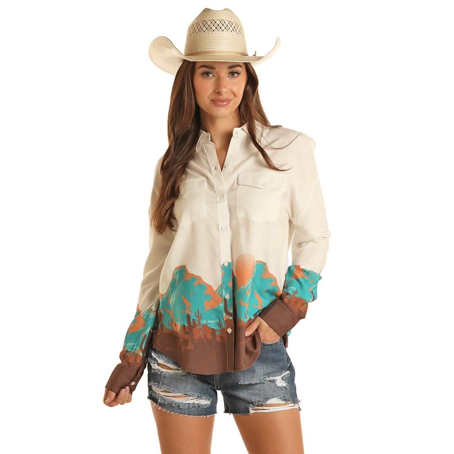Rock & Roll Women's Desert Scenery Boyfriend Shirt - Natural