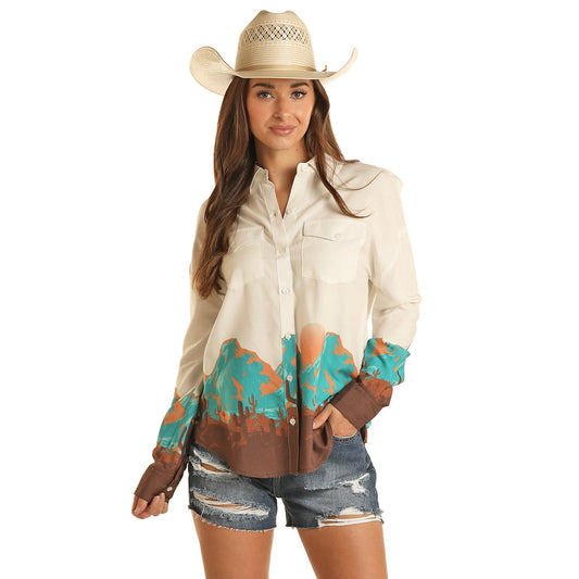 Rock & Roll Women's Desert Scenery Boyfriend Shirt - Natural