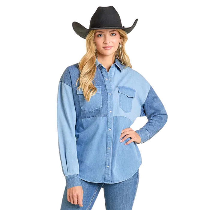 Rock & Roll Women's Denim Patch Long Sleeve Shirt - Blue