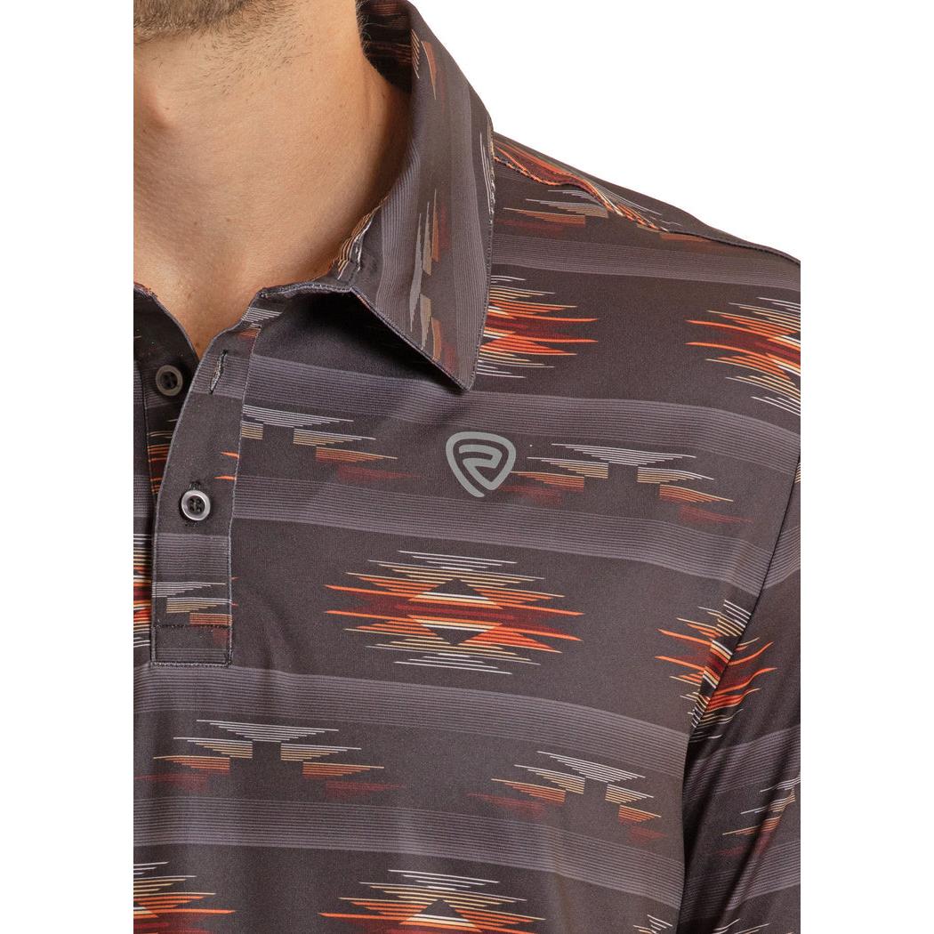 Rock & Roll Mens Tribal Aztec Printed Short Sleeve Polo Shirt - Charcoal